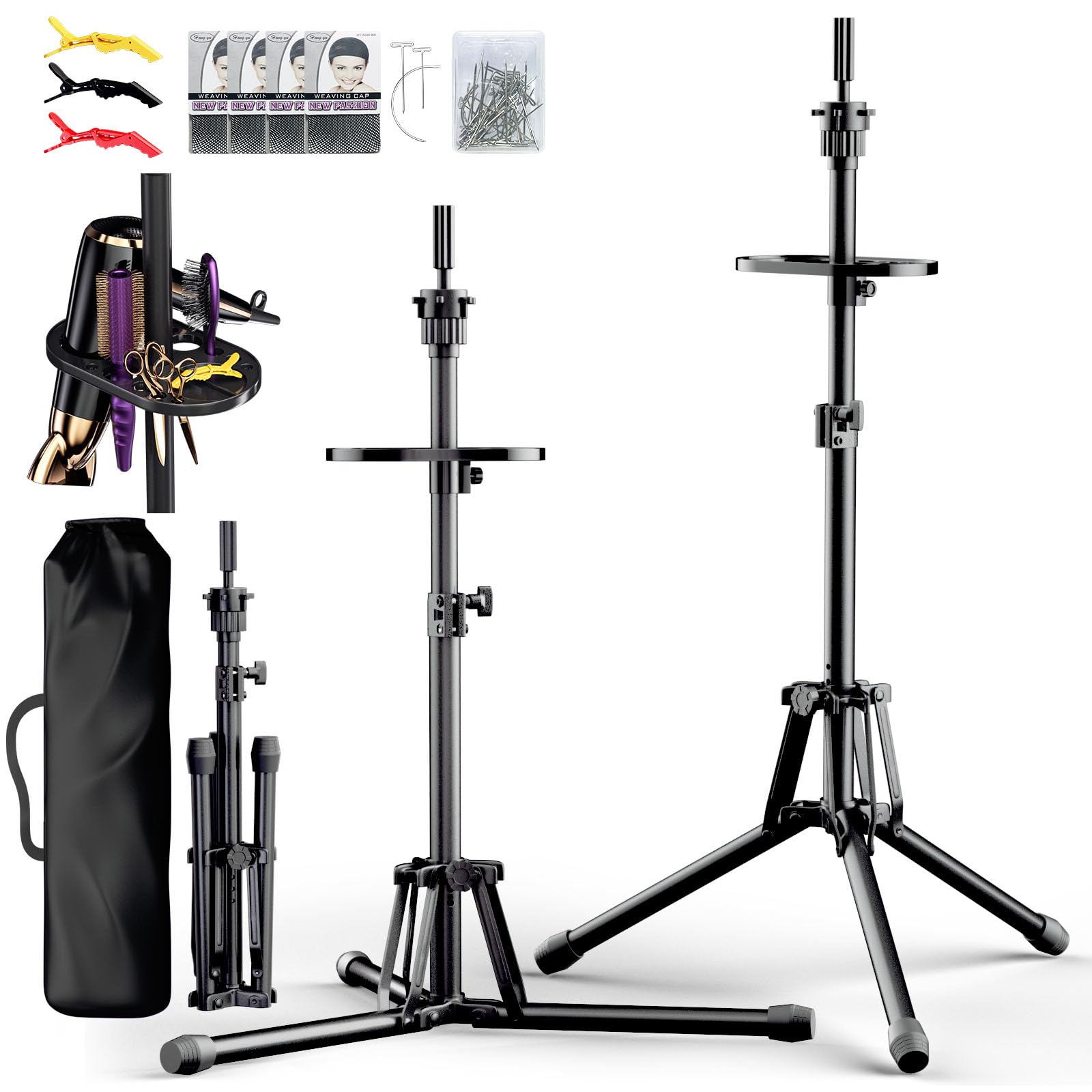Photo 1 of GSOW Wig Stand Tripod - Reinforced Metal Mannequin Head Stand with Tool Tray, Adjustable Height 31" - 57" Wig Head Stand for Styling Cosmetology Hairdressing Training with Wig Caps T-Pins Hair Clips