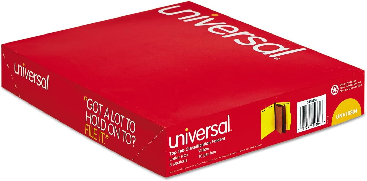 Universal Pressboard Classification Folders, Letter, Six-Section, Yellow, 10/Box (10304) : Top Tab Classification Folders : Office Products