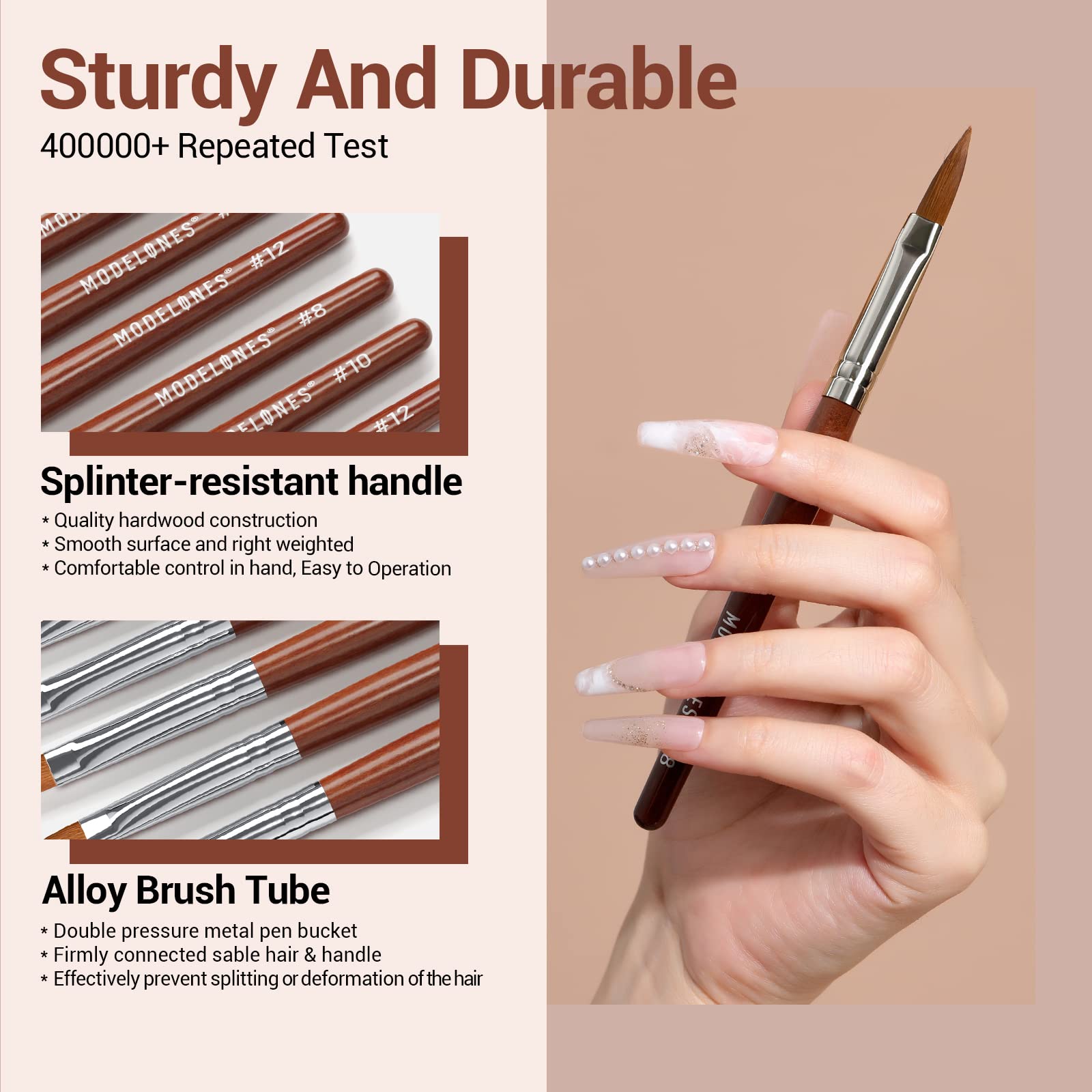 Modelones Kolinsky Acrylic Nail Brush Set, Size 8/10/12 Round Shaped Nail Brushes for Acrylic Powder, Gel Polish, Extension Gel, 3D Carving & Detailing Design with Wooden Handle Salon & DIY Use