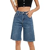 TOSATISFINE Jean Shorts for Women Long Stretchy High Waisted Denim Bermuda Shorts Baggy Jorts