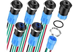 DaierTek 6pcs Latching Push Button Switch 12V LED Blue Waterproof ON Off Maintained 12 Volt 12mm Small Round Metal Black Wire