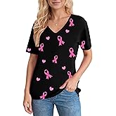Breast Cancer Shirts for Women Breast Cancer Survivor Gifts V Neck Tee Tops Pink Ribbon Graphic T-Shirt