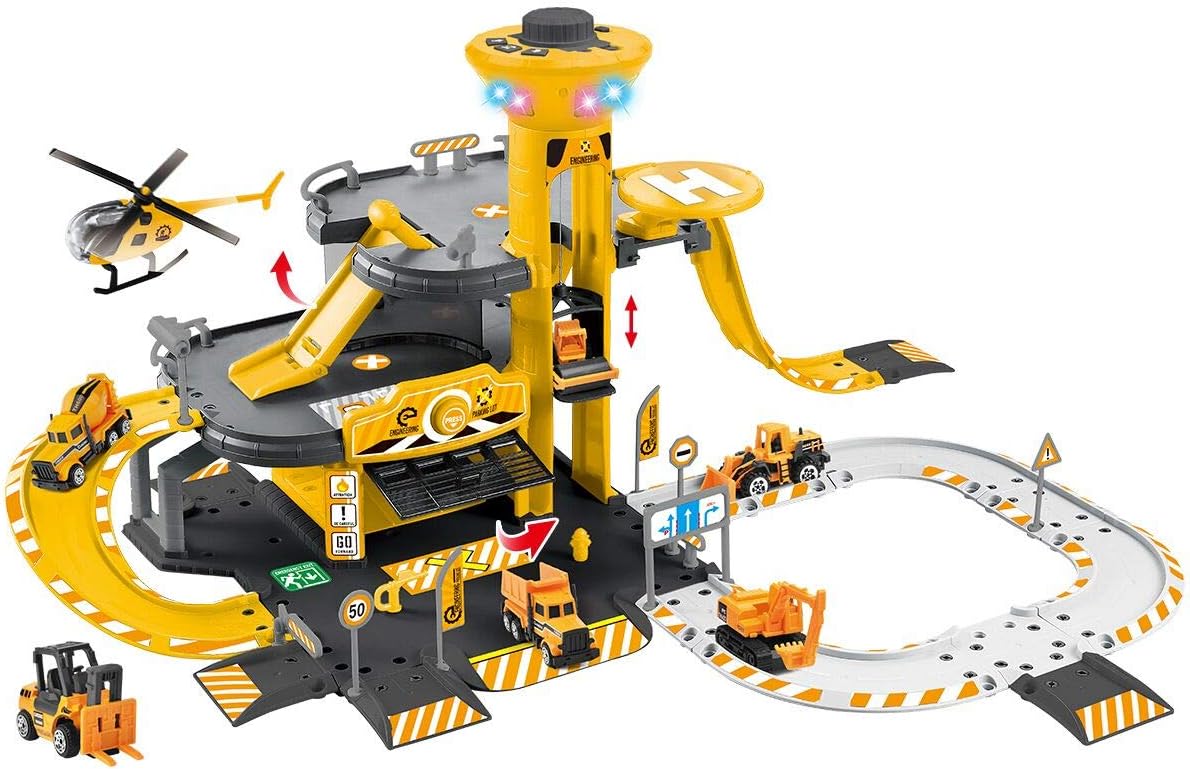NEWRICE 3-Floors City Engineering Station Parking Lot Toy Set, with Lights & Sounds,1Helicopter+6pcs Metal Die-Toy cast Cars,Track,Garage,Electric Lift.for 3-6 Year Boys & Girls/Kids: Toys & Games