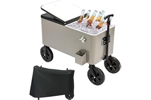 susici 80 Quart Grey Rolling Ice Chest with Long Handle and Wheels,Portable Wagon Cooler with Waterproof Cooler Cart Cover,Outdoor Beverage Ice Chest Cart for Patio Party BBQ Camping Beach