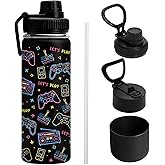 Uibunoo Game Water Bottle for Son, Stainless Steel Insulated Tumbler for Home with 2 Lids & Handle, Antislip Silicone Boot, 18oz Reusable Leak-Proof Bottle for Sports, 1 PCS