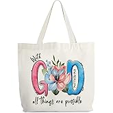 Christian Canvas Totes for Women, With God All Things Are Possible Bible Tote, Bible Verse Religious Gifts, Floral Library Book Bag, Faith Shoulder Bag Gifts for Women Friends Colleagues -32