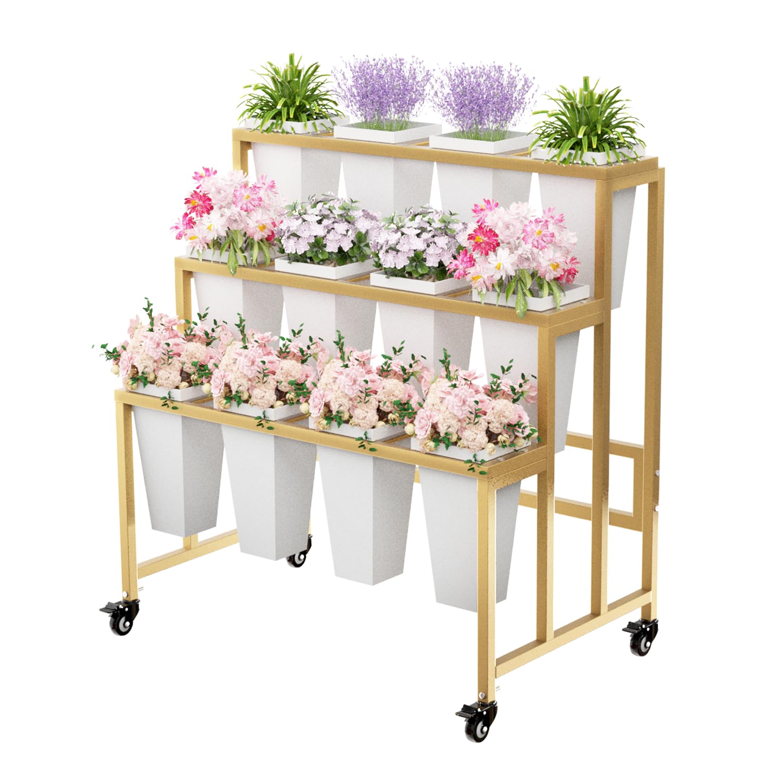 Photo 1 of *USED*
MILEFA Flower Display Stand with 12 Buckets, 3 Layers Flower Bar, Gold Metal Plant Stand with Wheels, Heavy Duty Flower Cart for Indoor Outdoor Patio Garden Wedding Florist, Gold Metal Frame