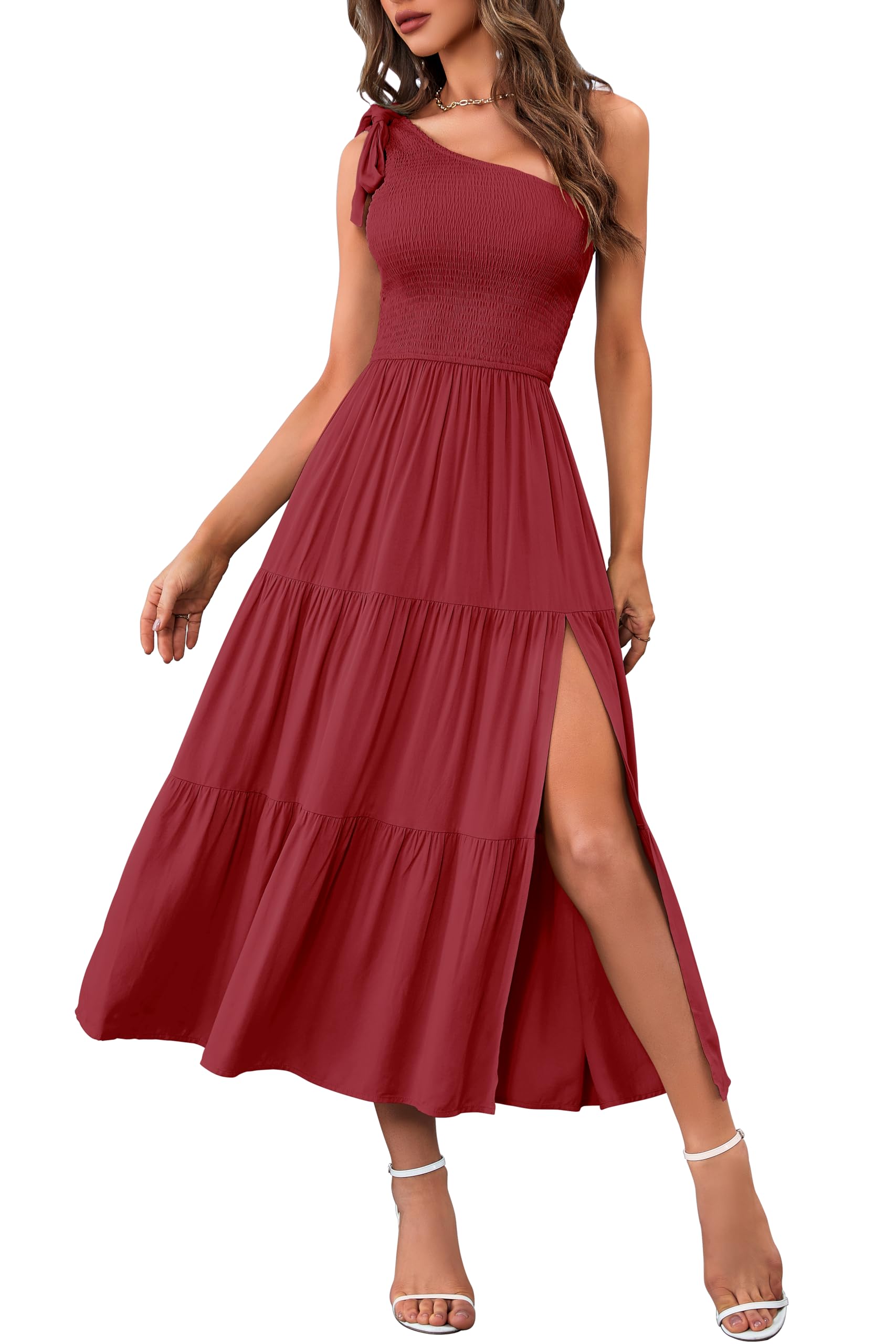 Photo 1 of MEROKEETY Women's Summer One Shoulder Sleeveless Knot Smocked Midi Dress Split Tiered Flowy Dresses, Wine, M