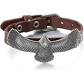 COOLSTEELANDBEYOND Rock Punk Flying Eagle Bangle Bracelet Brown Leather Wristband for Men, Retro Style