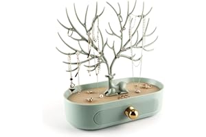 MORE&LESS Antlers Jewelry Display Stand with Aluminium alloy handle, Tree Tower Rack Hanging Organizer for Ring Earrings Necklace Bracelet, Deer Horn Tree Stand with Storage Drawer and Tray