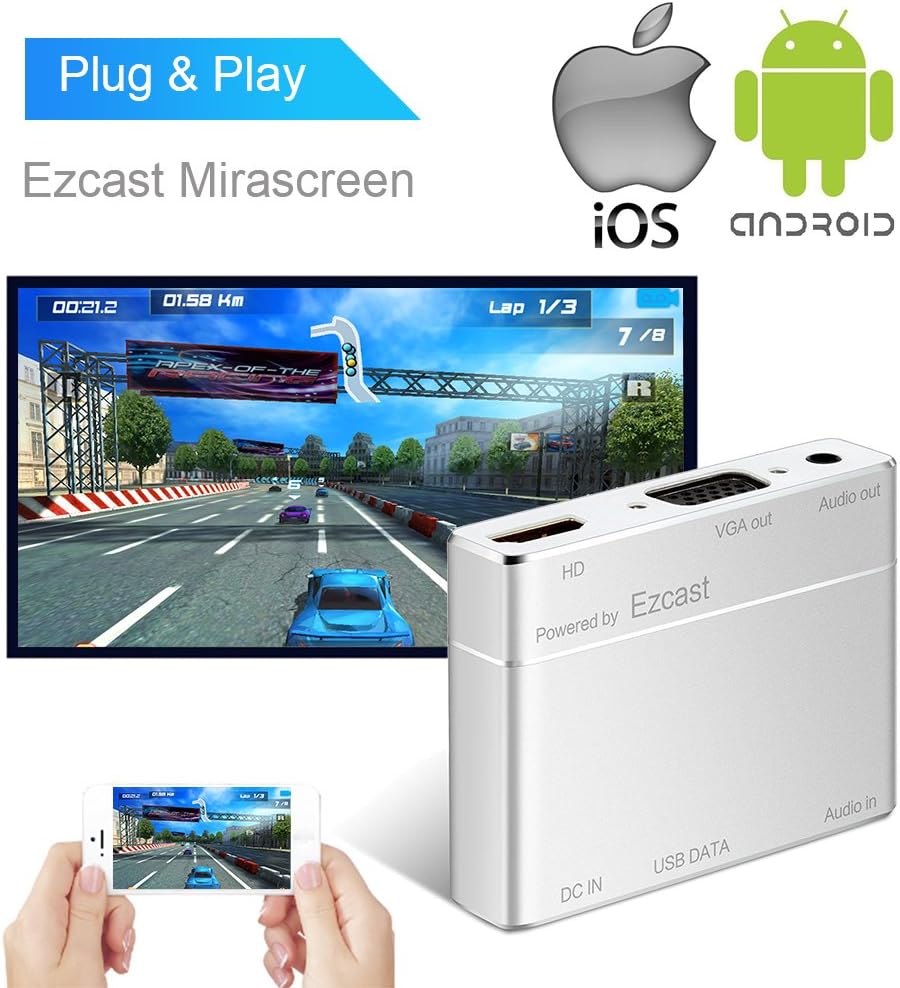 HuiHeng WiFi Display Dongle, USB to HDMI & VGA Full HD Converter Video Adapter Compatible with Apple iPhone iPad iOS & Android Smartphones Tablets Windows Mac OS PC (Powered by EZCast)