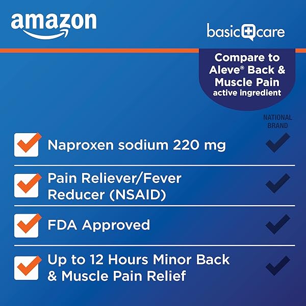 AMAZON BASIC CARE BACK AND MUSCLE PAIN, 220 MG NAPROXEN SODIUM TABLETS, 12-HOUR PAIN RELIEF, HEADACHE, ARTHRITIS, MENSTRUAL CRAMPS, FEVER REDUCER, 90 COUNT