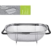 6-Quart Large Over The Sink Colander, 18/8 Stainless Steel Fine Mesh Strainer Basket with Expandable Rubber Grip Handles - St