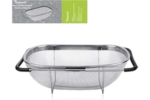 TIAWUDI 6-Quart Large Over The Sink Colander, 18/8 Stainless Steel Fine Mesh Strainer Basket with Expandable Rubber Grip Handles - Strain, Drain, Rinse Fruits, Vegetables
