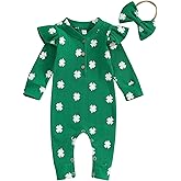 Lamuusaa Newborn Baby Girl St. Patricks Day Outfit Ruffle Ribbed Romper Shirts Four Leaf Clover Jumpsuit Headband