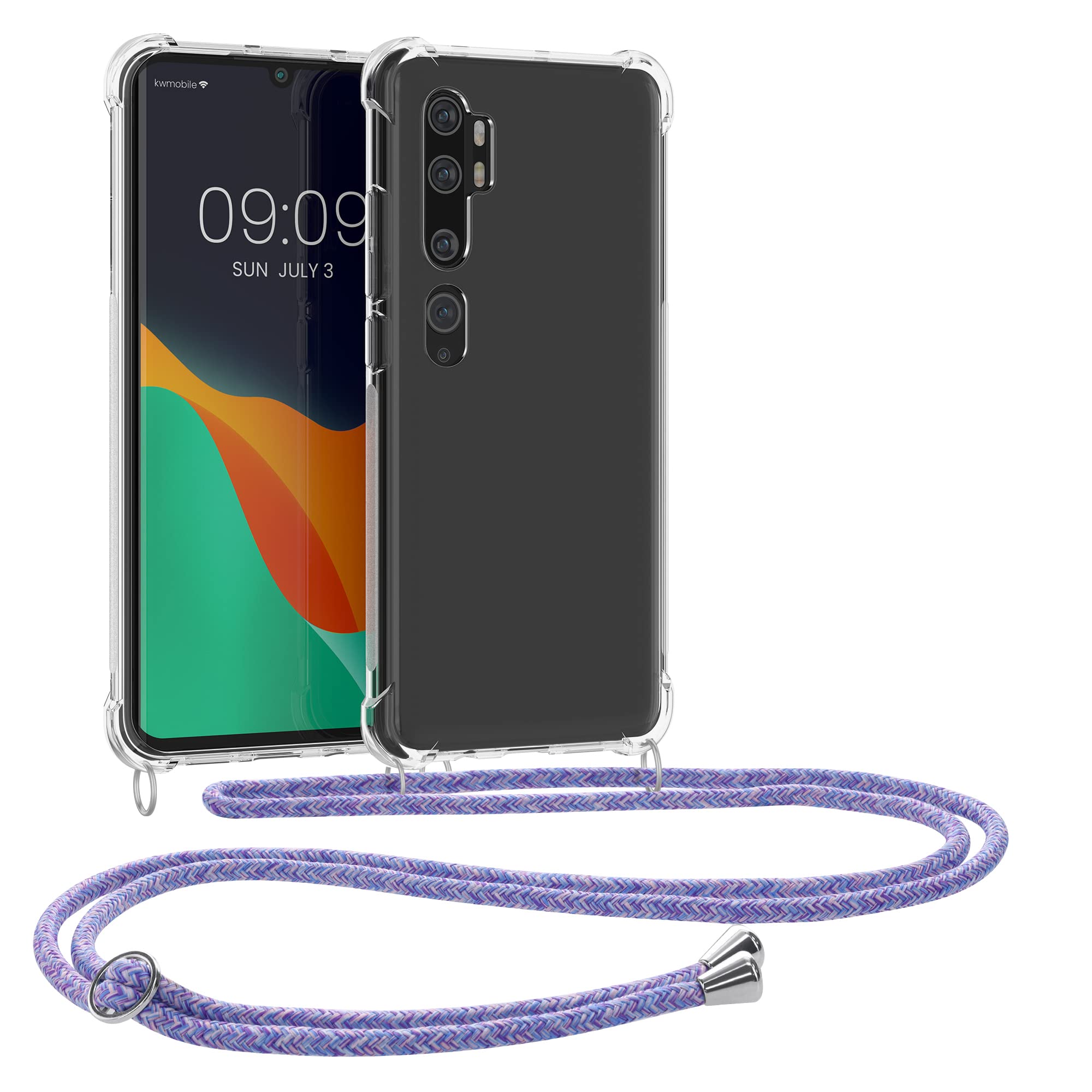 kwmobile Crossbody Case Compatible with Xiaomi Mi Note 10 / Note 10 Pro Case - Clear TPU Phone Cover w/Lanyard Cord Strap - Lavender/Violet/Light Blue/Transparent