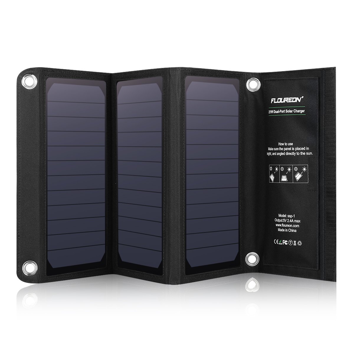 FLOUREON Solar Charger 21W Solar Panel with Triple USB Ports Waterproof Foldable for Smartphones Tablets and Camping Travel