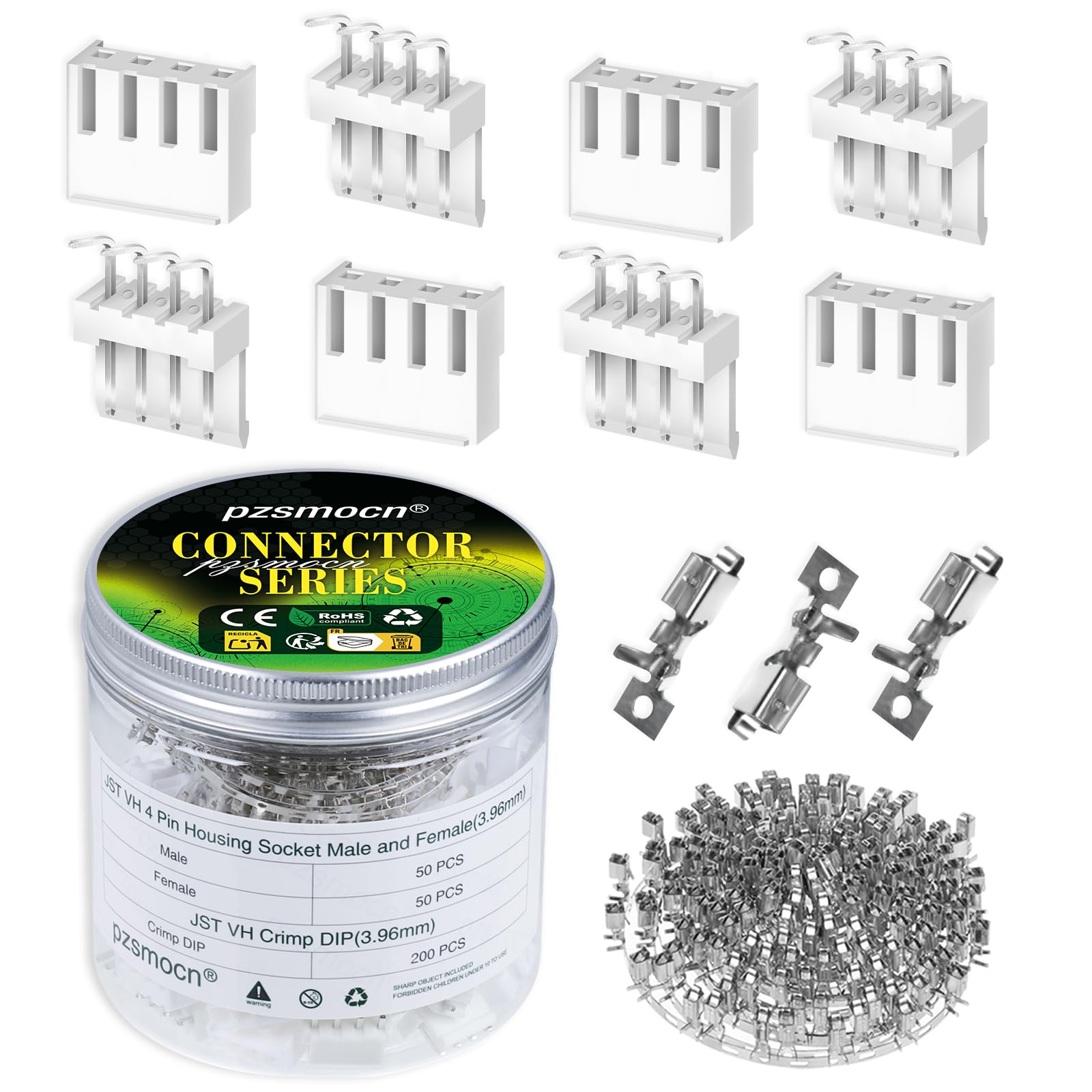 pzsmocn 300 Pieces / 50 Sets JST VH SMT 3.96 mm Pitch 4 Pin Female Housing and Male Adapter Connector Plug Socket Terminal Wires Cables 24-18 AWG Assembly, Header Crimp Pins Kit