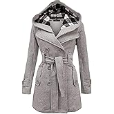 WIWIQS Women's Hooded Double-Breasted Thick Wool Blend Trench Coat Jacket Winter Mid-Long Pea Coat with Belt