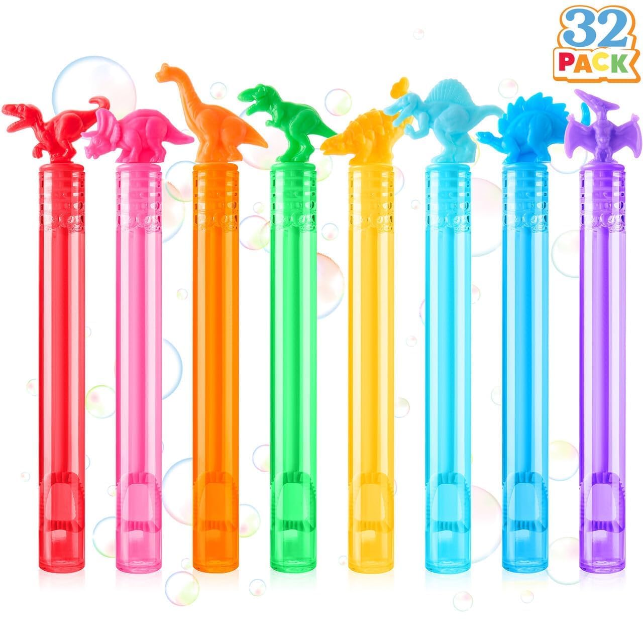 Photo 1 of JOYIN 32 Pack Bubbles Party Favors for Kids, 8 Colors Dinosaur Mini Bubble Wands, Easter Basket Goodie Bag Stuffers, Treasure Box Toys, Classroom Prizes for Boys Girls