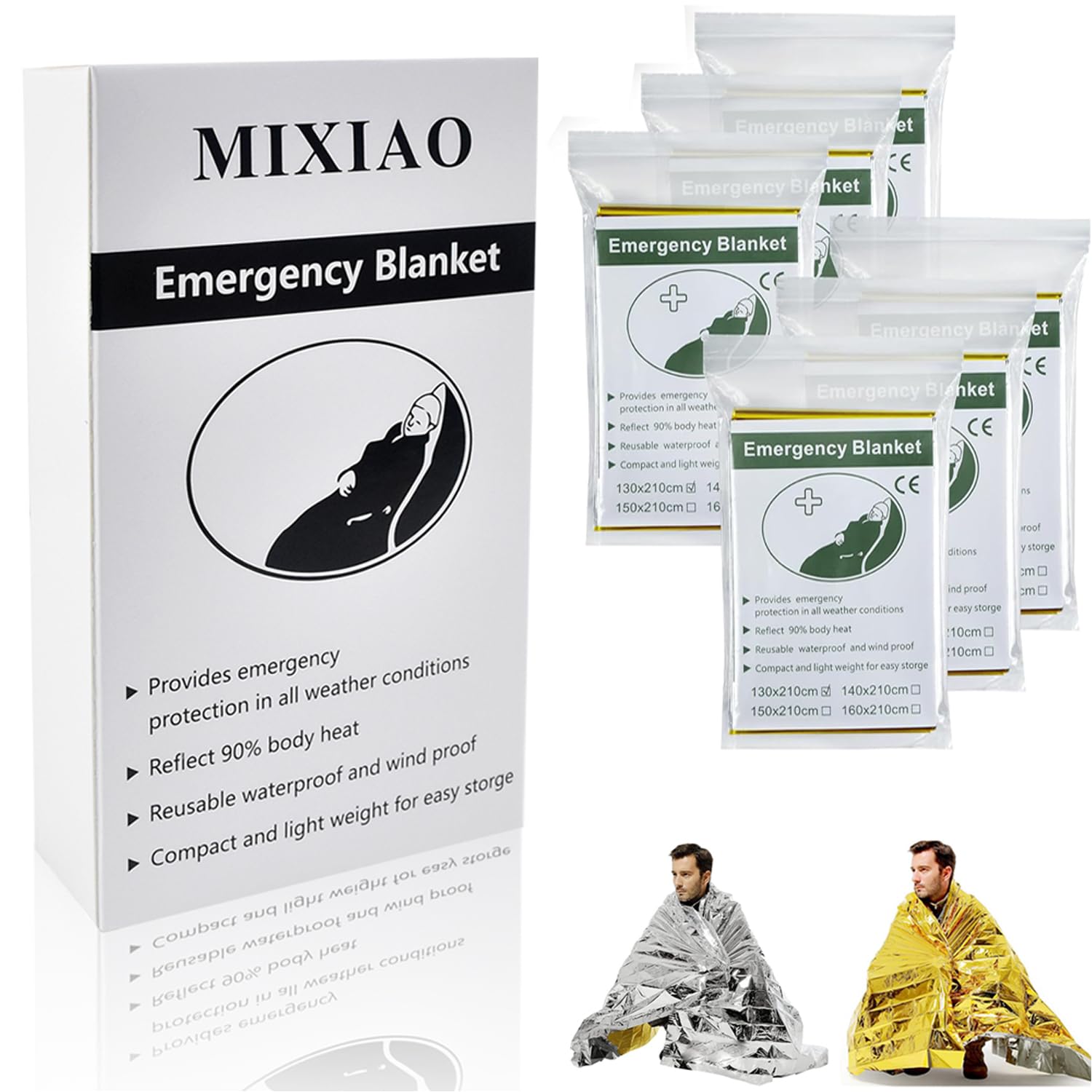 MIXIAO Emergency Foil Thermal Blanket (Pack of 6), Survival Blankets Perfect for Outdoors, Hiking, Survival, Marathons or First Aid (Gold Pack of 6)
