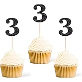 Gexolenu 24 PCS Black Double-sided 3rd Birthday Cupcake Toppers, Glitter Age THREE Cake Picks Decor, Third Happy Birthday Party Decorations Baby Shower Anniversary Party Supplies