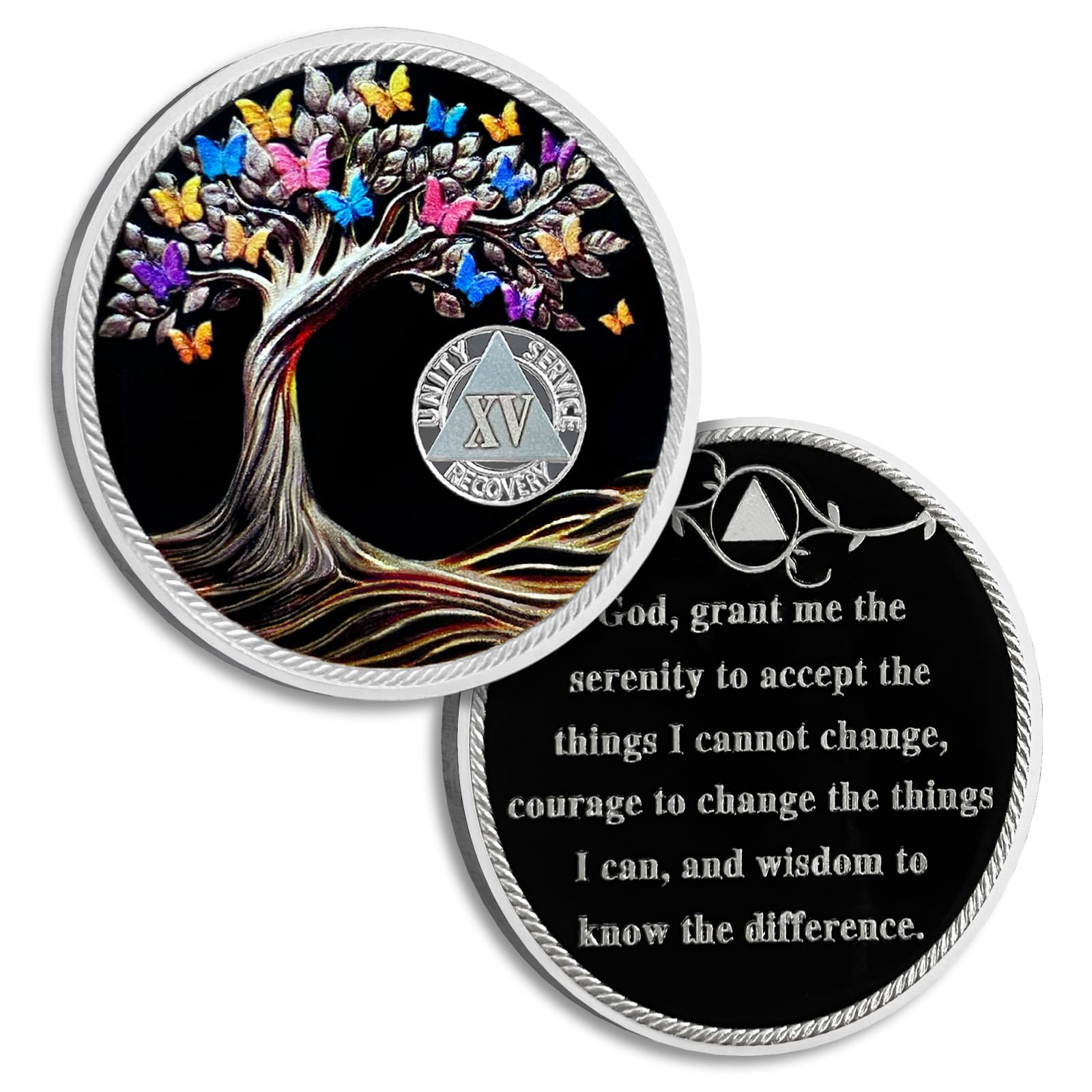 15 Years Sobriety Coin Butterfly Tree of Life AA Chips and Medallions Sobriety Recovery Chip Sober Token Sobriety Gifts for Men Women Celebrating Alcoholics Anonymous Recovery