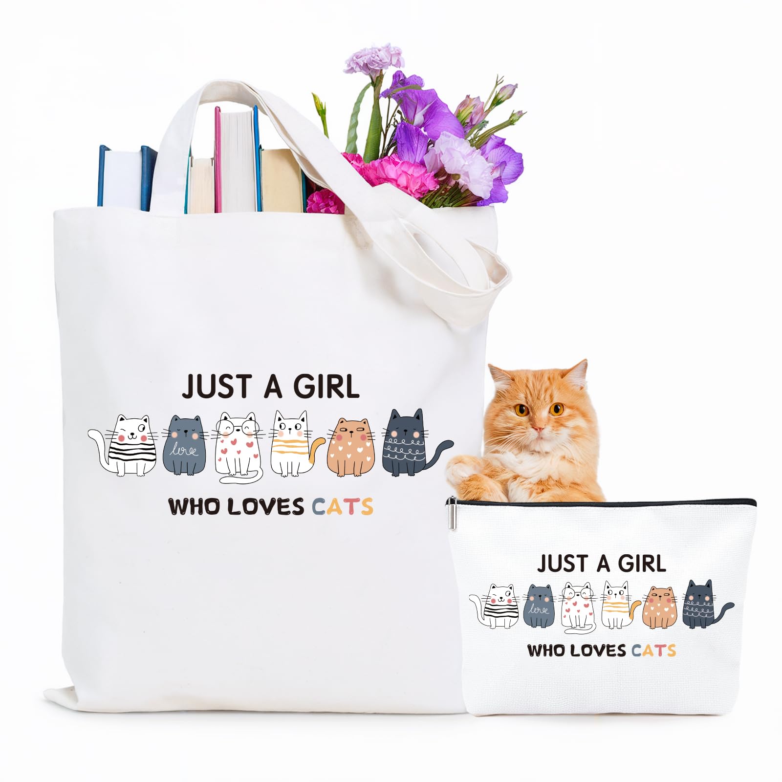 NOOMII Cat Gifts for Women- Cute Cat Themed Reusable Shopper Bags with Large Tote Bag and Small Comestic Bag for Teens Daughter Sister Bestie, Funny Themed Gifts for Girls (Catt)