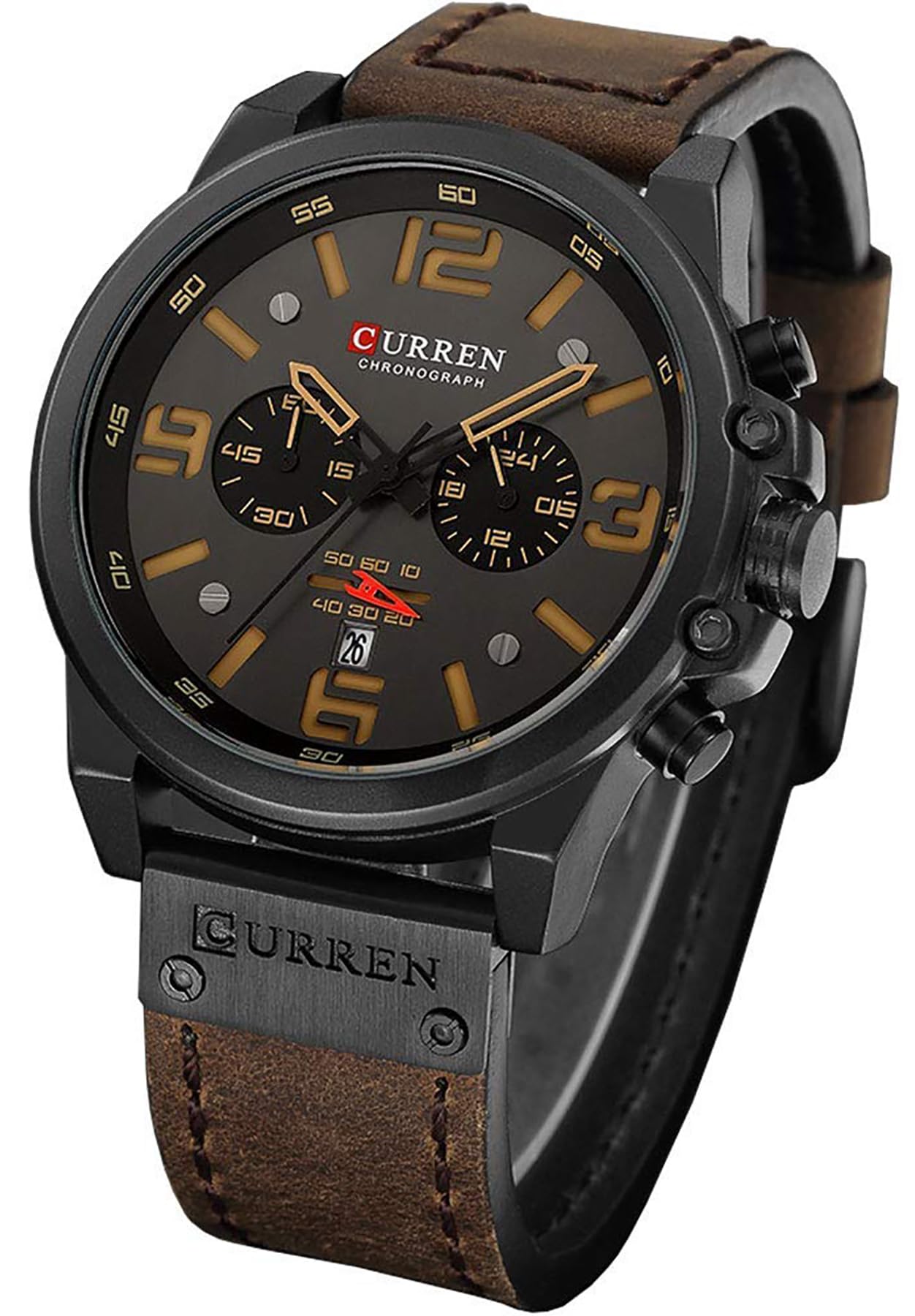 Gosasa Men Sport Chronograph Quartz Watch Brown Leather Strap Date 30M Waterproof Military Male Wrist Watch, A Brown, Classic