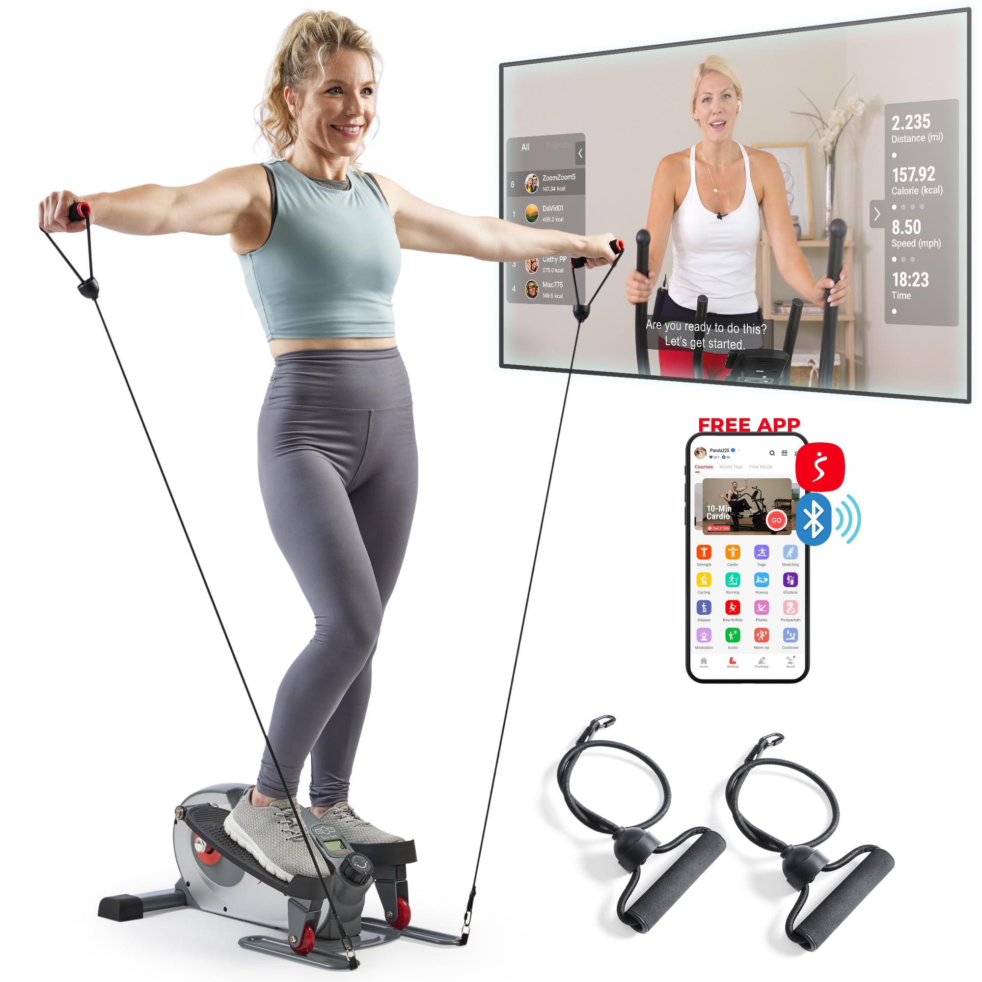Photo 1 of *FOR PARTS ONLY/ MISSING BATTERY PANEL* Sunny Health & Fitness Smart Elliptical Trainer, Heavy-Duty Exerciser w/Resistance Bands for Leg & Arm Exercise, Home/Office Senior Training Machine, Exclusive SunnyFit App Bluetooth Link–SF-E323054