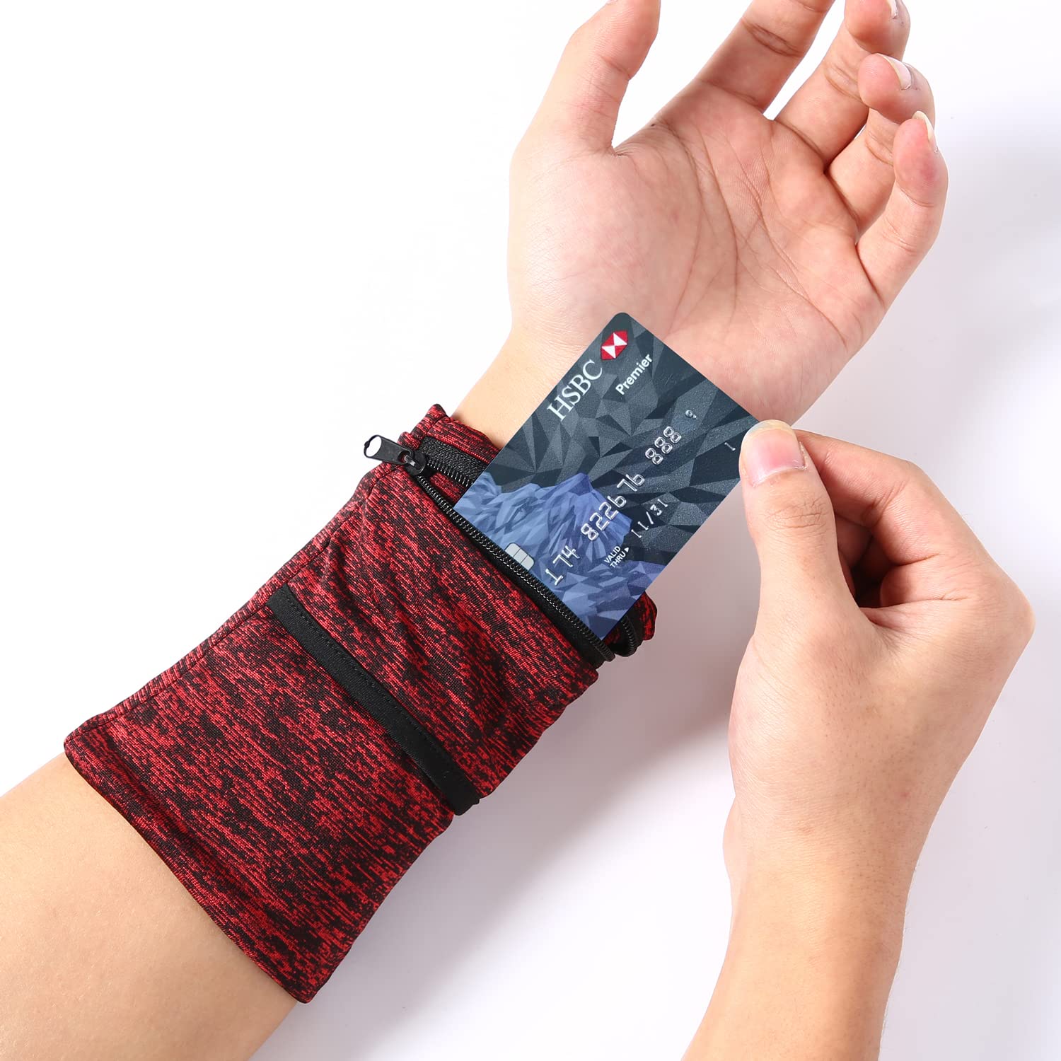 Wrist Pouch, Sportswear Wristband, Wrist Wallet with Zippered for Running, Cycling, Hiking, Yoga, Walking and More (Purplish Red, L)