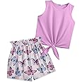 Arshiner Girl's 2 Piece Outfits Tie Knot Tank Top and Paperbag Waist Pocketed Summer Short Sets