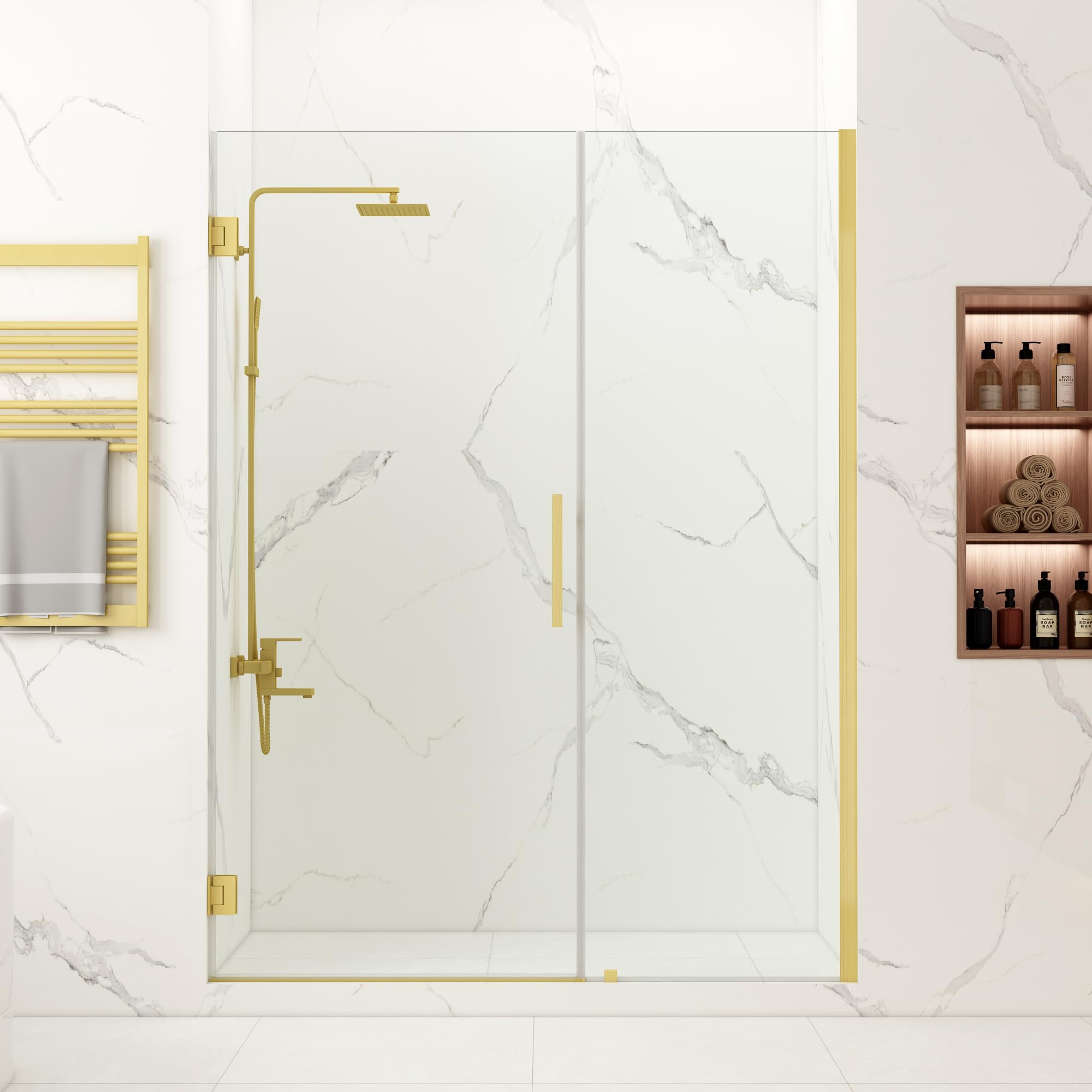 View 1 of ***MAY NEED A TRUCK***Bathlink 59-60" W x 76" H Frameless Pivot Shower Door, Pivot Swing Shower Door with Clear Tempered Glass 5/16"(8mm), Reversible, Brushed Gold Finish, Magnetic Closing