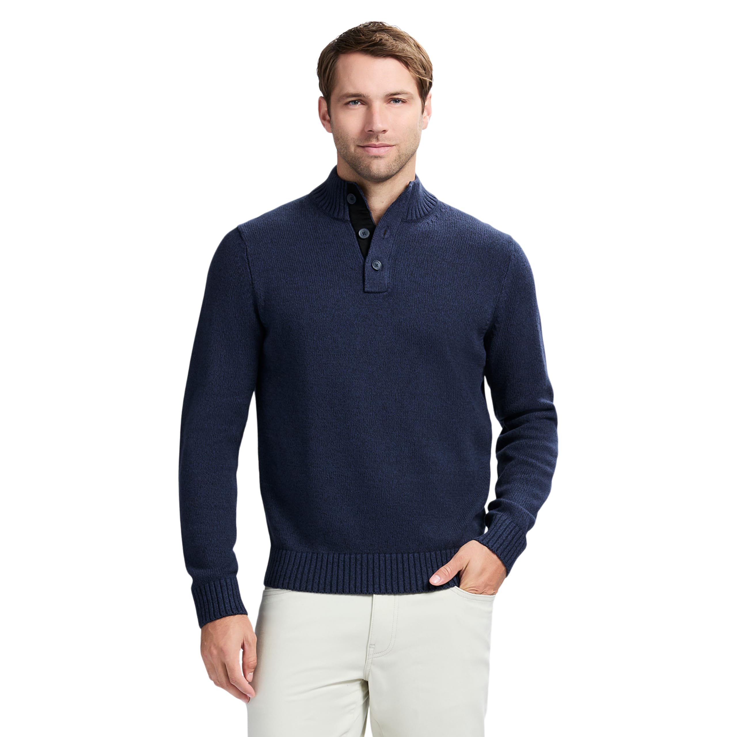Izod Men’s Button Mock Sweater, Navy Blazer, Small