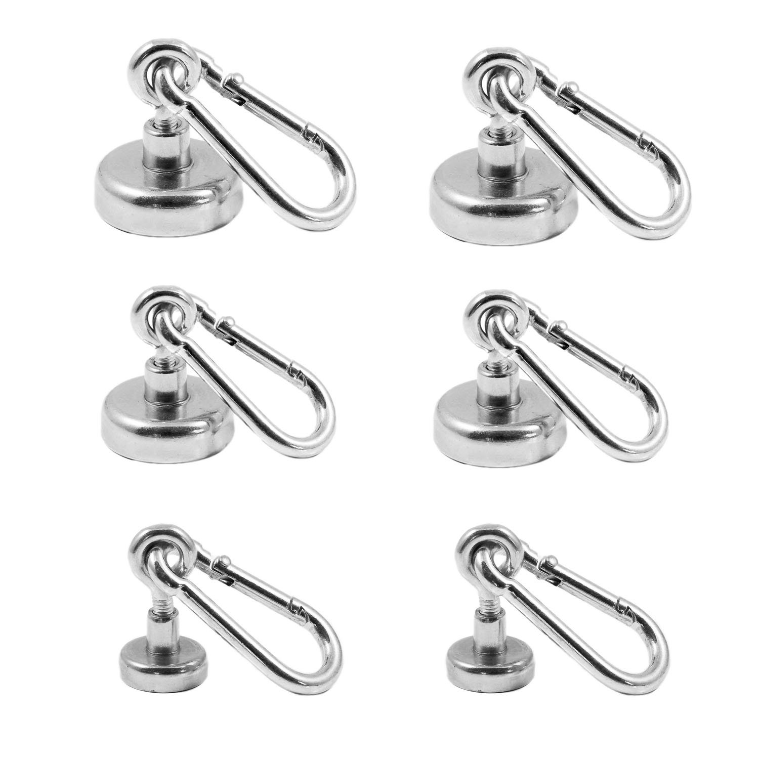 Magnetastico® | 6 Neodymium Eyebolt-Carabiner Magnets N35 | 2X Each 16, 20 & 25 mm | Holding Force 5.5, 9 & 22 kg | 6 Neodymium Pot Magnets snap Hook with Eye, Loop, Very Strong & galvanised