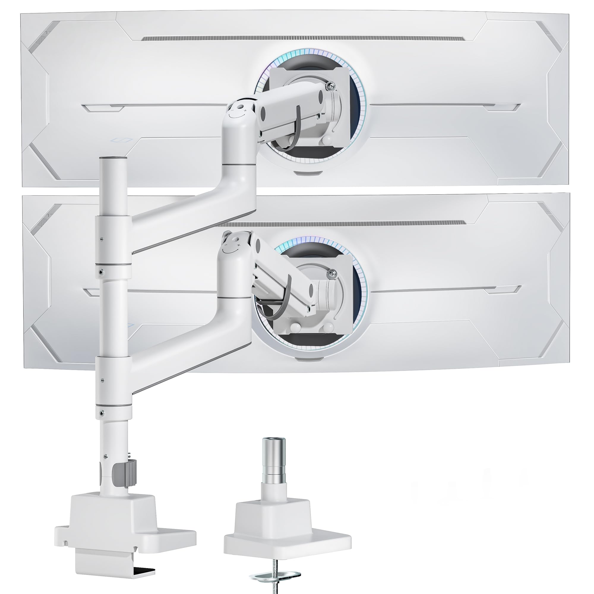 Photo 1 of (PARTIAL SET) (UNTESTED) monTEK Dual Monitor Arm for up to 57" and 59.4 lbs Ultrawide Screen, Aluminum Heavy-Duty Gas Spring Vertical Stackable Curved Screen Adjustable Monitor Stand, 75/100mm Vesa Mount, White