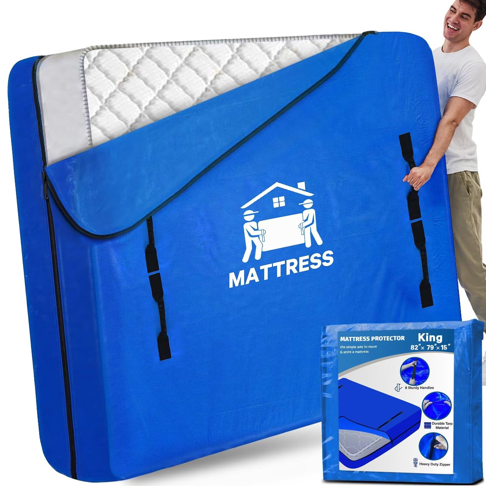 Mattress Bags for Moving, BETU Mattress Protector Waterproof Mattress Cover King Size Storage Bags with 8 Heavy-Duty Handles and Zipper for Bed Extra Thick Large Reusable (82"x79"x15" Blue)