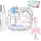 for AirPods Pro 3 Case Cute with Safety Lock & Phone Stand, Auto-Open Lid, Bow-Print Clear Case for Apple AirPods Pro 3rd Generation 2025 Cover with Cleaner Keychain for Women Girly, Pink