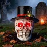 Halloween Skull Outdoor Solar Light, Red Eyes Skull with Hat and Black Cat | Spooky skull figurine with glowing red eyes, witch hat and black cat for Halloween yard, lawn, garden and graveyard decor