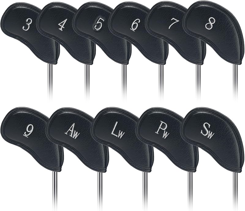 Craftsman Golf 12pcs Thick Synthetic Leather Iron Head Covers Set Black Silver