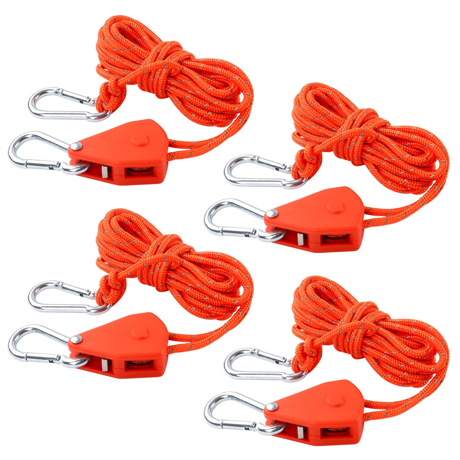 wadafen 4Pcs Reflective Tent Guy Ropes, 4m Ratchet Guy Ropes with Pulley, 1/8 Inch Heavy Duty Rope Ratchet, Eflective Cord Tent Guide Rope for Camping, Hiking (Orange)