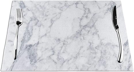 Amazon 白い大理石の石のテクスチャプリント テーブルプレースマット洗える滑り止め断熱編まれたビニールテーブルマットキッチンダイニングテーブルプレースマットセット4 12 X 18インチ ランチョンマット オンライン通販