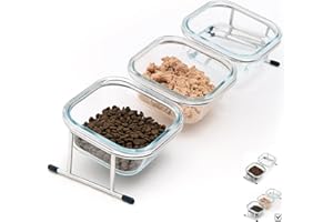 Hannadepot Elevated Cat Bowls, 15° Tilted Glass Raised Cat Food Bowl with Stainless Steel Stand, 3 Glass Cat Bowls and 4 Anti Slip Feet, Suitable for Cats and Little Dogs