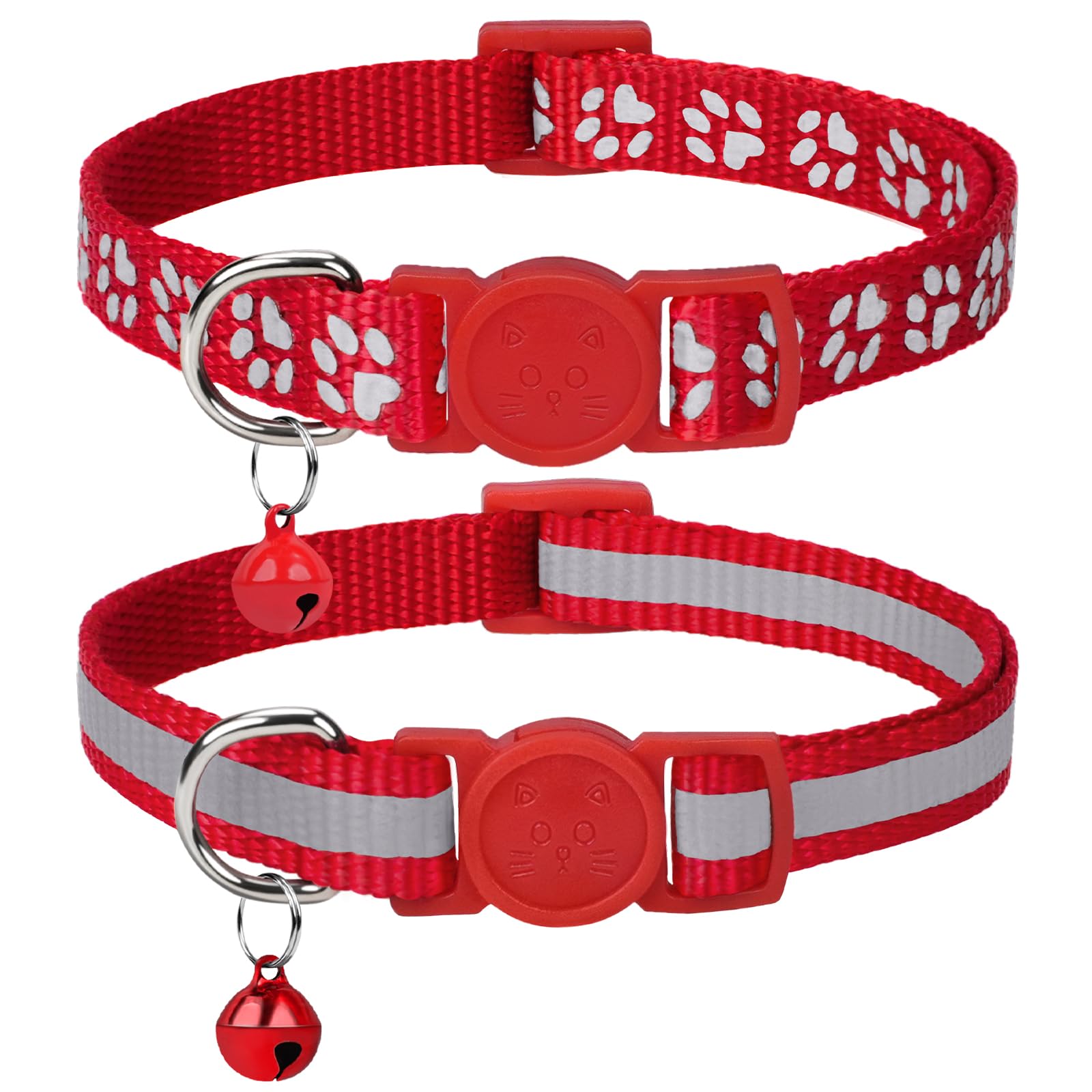Taglory Reflective Cat Collar with Bell and Safety Release, 2-Pack Girl Boy Pet Kitten Collars Adjustable 19-32 cm Red