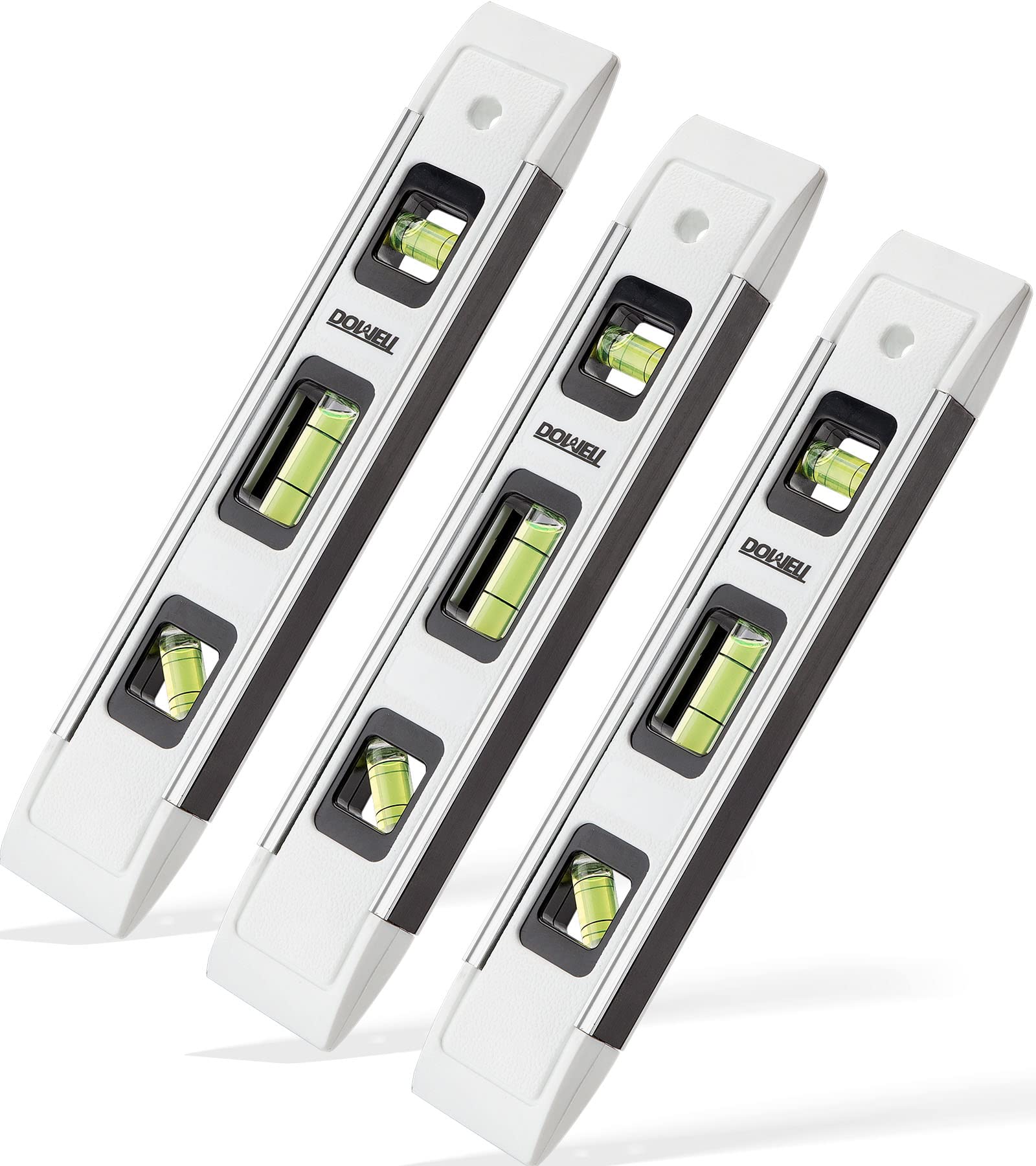 DOWELL Magnetic Torpedo Mini Bubble Level Box - Spirit Alloy Frame 180/90/45 Degree 9-Inch (3, White)