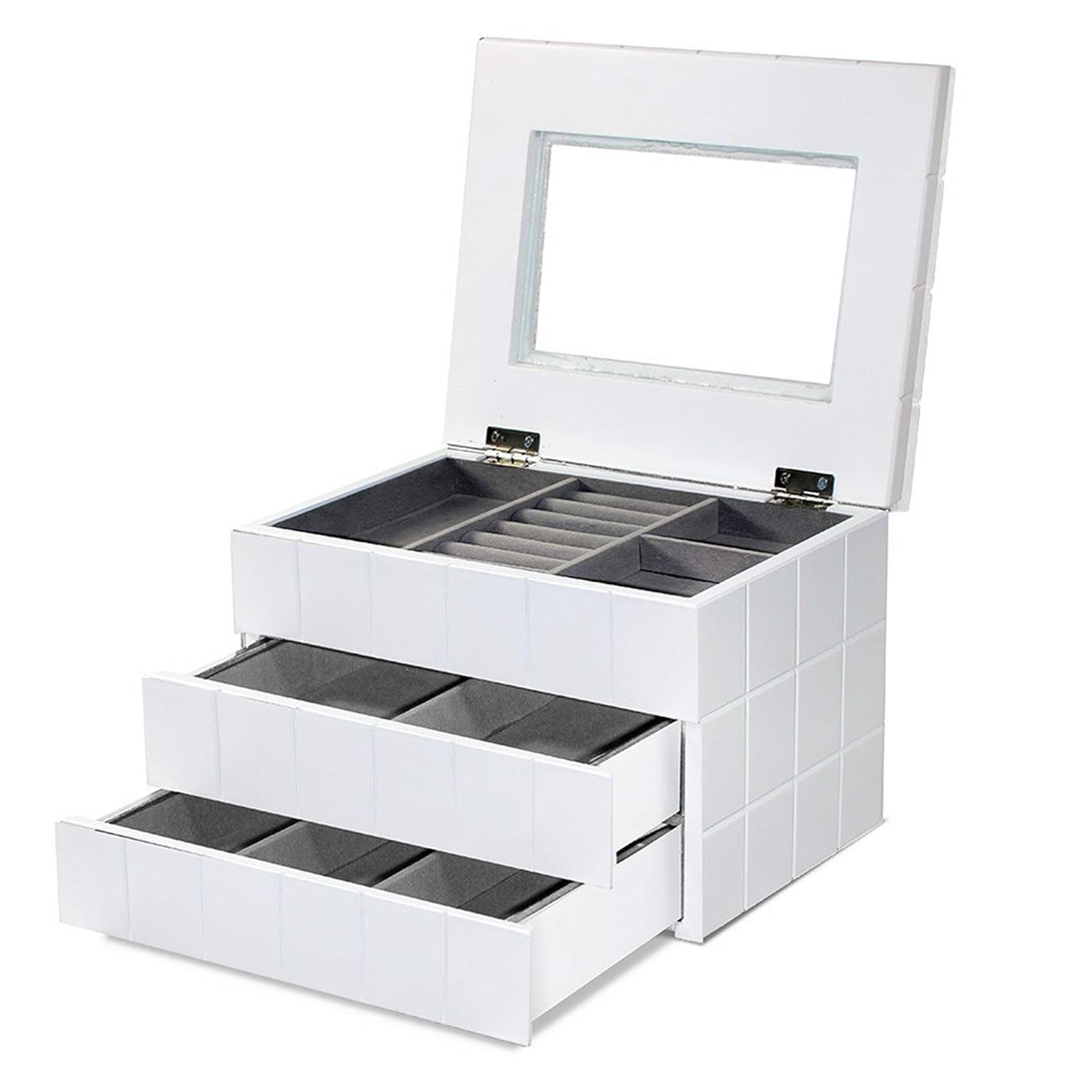 White Wooden Jewellery Box Storage Drawers With Mirror And Pull