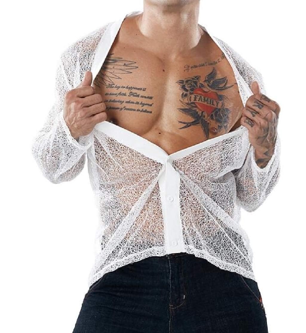 M/&S/&W Mens Button Down See Through Short Sleeve Mesh Dress Shirt