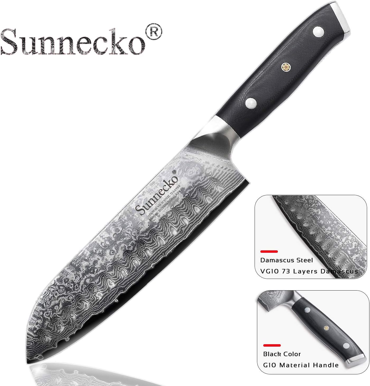 Santoku Knife - 7inch Japanese Chef Knife - Sunnecko Sharp Damascus Series - Classic Design with Hollow Edge