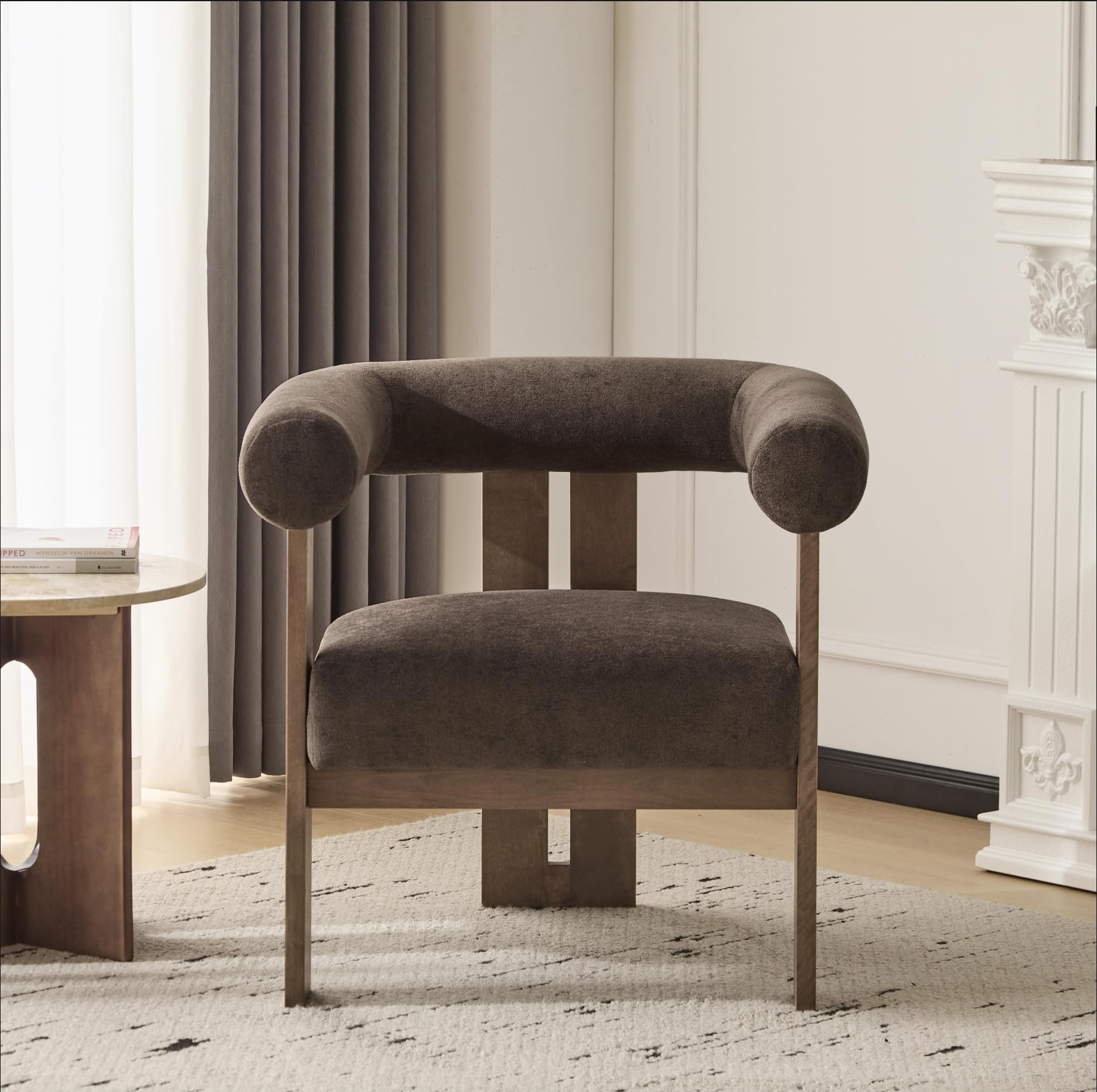 Photo 1 of Christopher Knight Home Rones Modern Velvet Upholstered Accent Chair, Wooden Living Room Club Chair with Curved Backrest, Minimalist Bedroom Comfy Reading Chair, Thick Padded Seat, Dark Brown+Walnut