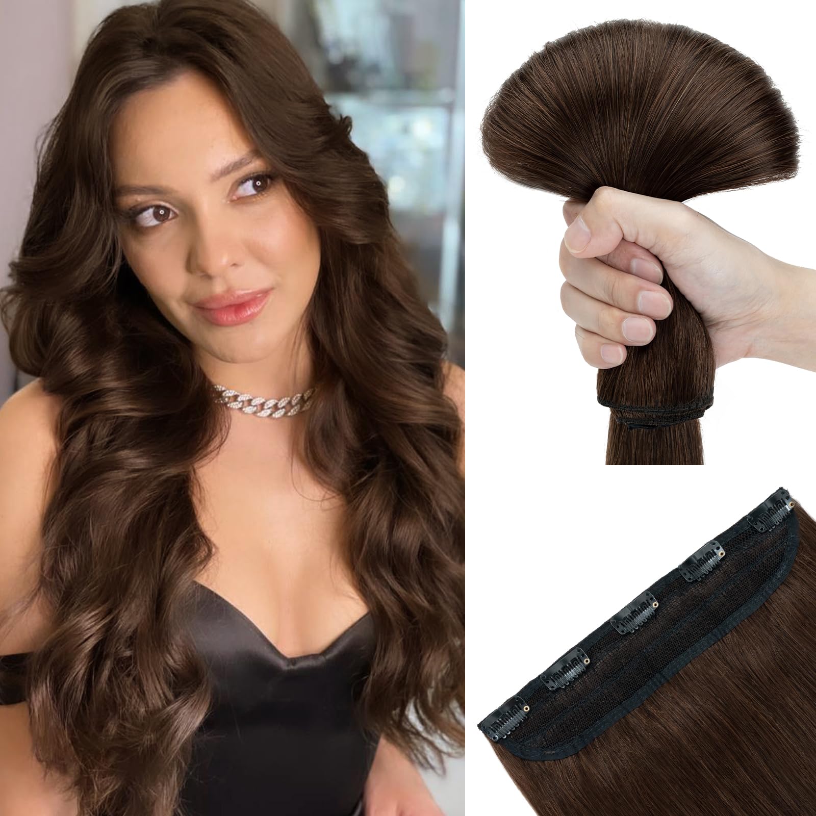 SEGOHAIR Hair Extensions Clip in Human Hair Extensions, 20" One Piece 5 Clips Thick Clip in Hair Extension - 3/4 Full Head -Dark Chocolate Brown